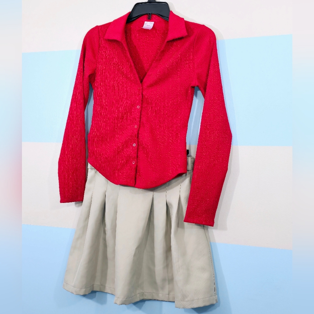Girl's Red Button-Up Top with Beige Pleated Skirt - Picture 3 of 6
